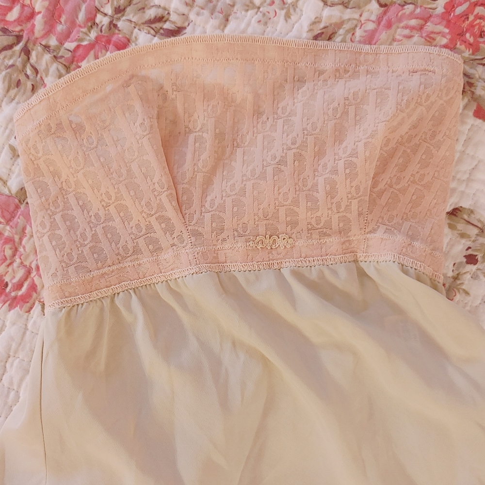 Vintage Christian Dior Monogram Nude strapless Slip lace trim dress size XS-S